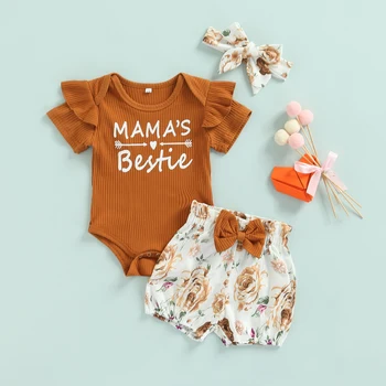 Ma & Baby 0-24 м, комплект дрехи за новородени момичета, вязаный гащеризон с надпис, Шорти с флорални лък, костюми, летни Костюми D01