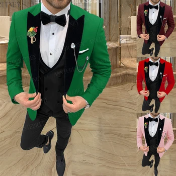 2021 най-Новите модни зелени сватбени костюми на младоженеца, Комплект от 3 елементи, изработена по поръчка, оборудвана деловият мъжки костюм, розова риза, Черната Жилетка, Панталоните