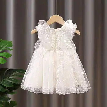 Бяла газова пола с папийонка за момичета, нова лятна рокля 2022 г., детска пищната пола принцеса в чужд стил, лятна рокля