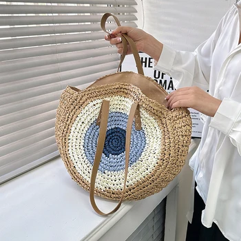 Нова цветна кръгла сламена чанта с голям капацитет, летни ежедневни чанти за едно рамо, модерен плажни плетени чанти, дамски чанти за съхранение