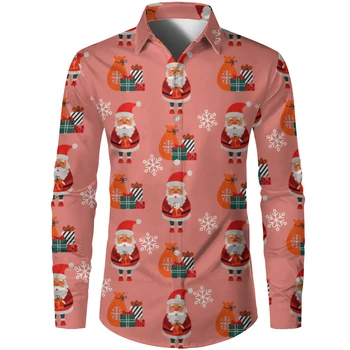 Нова Розова Жилетка с дълги ръкави и 3D принтом Дядо Коледа, Творчески Празничен Жилетка Копчета С Ревери, Дишаща Бързосъхнеща Мъжки Хавайска риза