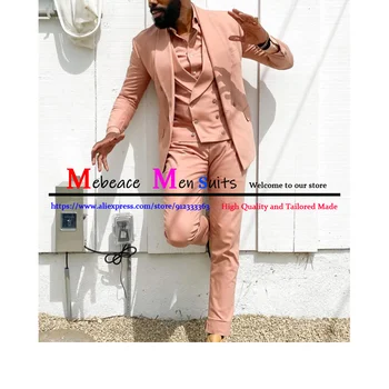 Розови модерни слънчеви мъжки костюми, двубортный комплект от 3 теми (яке + жилетка + панталони) Приталенные костюми с отворотами и шал за сватбени партита, смокинги