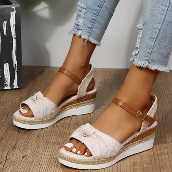 Дамски ежедневни сандали на танкетке на дебелото платформа с отворени пръсти и изкривени, дамски летни плажни сандали с лък Sandalias Mujer Verano