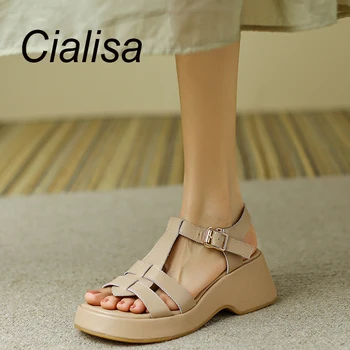 Дамски обувки Cialisa, римски сандали на платформа от естествена кожа, новост лятото 2023, ежедневни дамски обувки ръчна изработка с каишка и катарама на дебелите ток