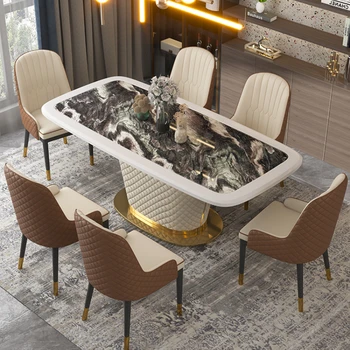 Лесен луксозен правоъгълен мраморен плот, модерен проста маса за хранене, малка потребителска маса от каменни плочи и стол