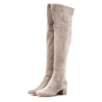 Зимни нови модни дамски ботуши над коляното от естествена волска кожа, велур на тънък дебел ток с остър пръсти и плюшем, големи размери 44 45, модерни ботуши над коляното от естествена волска кожа, велур