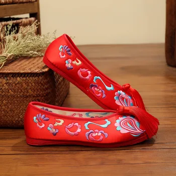 Класически сватбени обувки за булката с ръчно изработени бродерии, червени обувки Xiuhe с тысячеслойной подметка, Zapatos De Mujer в китайски стил
