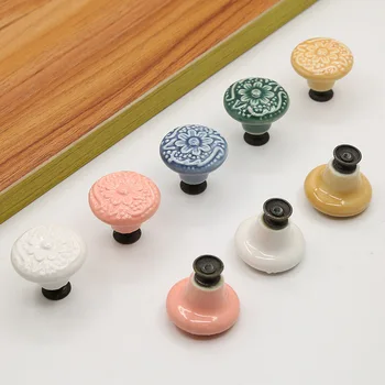 Релефна цветна кръгла керамична дръжка за мебели с един дупка на Антикварен шкаф задвижваната кабинет Керамични дръжки за чекмеджета Шкаф Дърпа