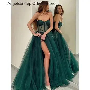 Angelsbridep Елегантна зелена рокля за бала с отрязани крака, тюлевые вечерни рокли с плисета, вечерни рокли за абитуриентски бал, Vestido De Noche