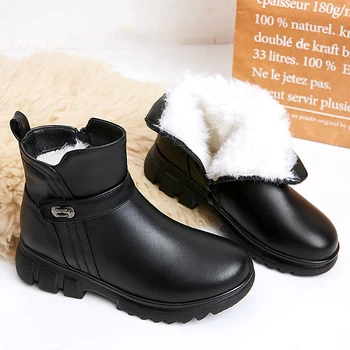 Дамски зимни обувки на платформа 2022, черни Елегантни дамски обувки на ток, дизайнерски ботильоны на меху, дамски зимни къси кожени ботильоны