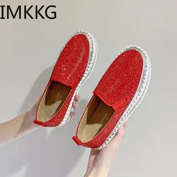 Размер 43 2020 диаманти, Crystal дамски апартамент обувки жена Bling планински кристал Женски обувки през цялата чорап приплъзване на платформата, червени обувки
