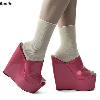 Rontic/дамски сандали-чехли ръчна изработка на платформата и на много високо танкетке с отворени пръсти, прекрасна розово-червена обувки за партита, големи размери САЩ 4-15