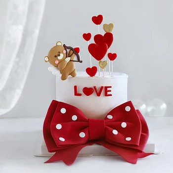 Ангел, Купидон, Мечка, Сърца, червено голям лък, topper за торта за Свети Валентин, на Парти по случай рожден Ден, годишнина, украса на сватбена торта