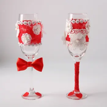 1 чифт/лот, червено дантелено кристалното сватбена рокля, подарък за младоженци, сватбен комплект чаши за наздравици с шампанско, сватбена чаша за вино с лък