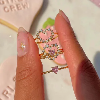 Нов пръстен Ins от позлатен мед с розово сърце за жени, реколта пръстени фея на любовта с микроинкразией от цирконий, Модерен естетически бижута
