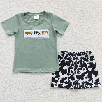 Нова мода дрехи за малките момчета, памук бутик с бродерия на крава, летни шорти, скъпа дрехи за малките момчета, детски съоръжения за братя и сестри