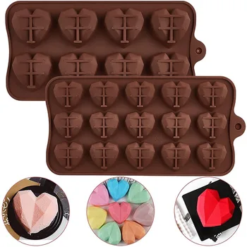 2022 Нови силиконови форми за шоколад във формата на сърце, 3D Диамантена форма на любов, форма за печене на сватбени шоколадови бонбони, декорация за кексчета за Свети Валентин
