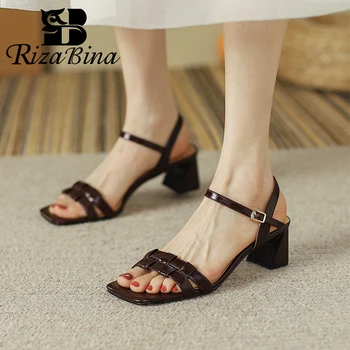 RIZABINA, дамски летни сандали от естествена кожа с квадратни пръсти, дебел среден наклон на римския ремък, обтегач на щиколотке, дамски ежедневни обувки, модел обувки