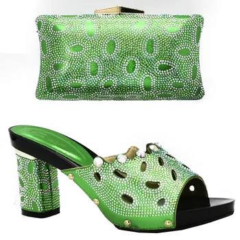 Комплект италиански обувки и чанта в зелен цвят в африканския стил, украсени с пайети, нигерийски дамски официални обувки с чанта