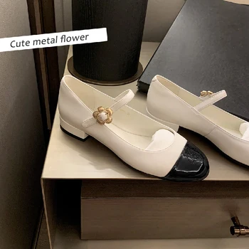 Метална тока във формата на цвете, Zapatos Mujer, ежедневни дамски обувки в стил мозайка, обувки-лодка на дебелите ток за диви Момичета, дамски обувки с кръгло бомбе