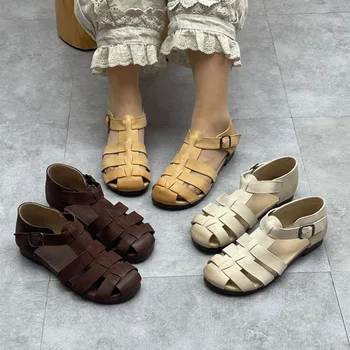 Дамски сандали от 100% естествена кожа, ежедневни дамски обувки на равна подметка в национален стил с кръгла пръсти, мека дамски сандали изработени ръчно