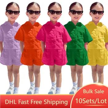 10 комплекта на едро, детски обикновен комплект от две части, лятна риза с къс ръкав и отложным яка за момичета + Шорти, детски дрехи M515