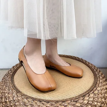 Johnature/ однотонная дамски обувки на равна подметка в ретро стил от естествена кожа, новост 2023 г., лоферы без закопчалка за дребни подметка с кръгло бомбе ръчно изработени