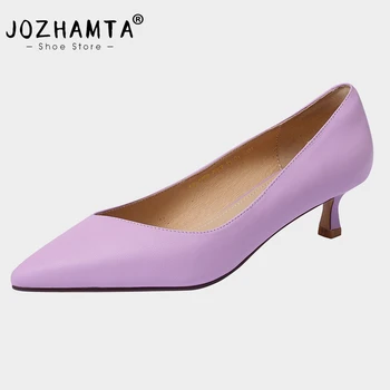 JOZHAMTA/Размери 33-40, дамски обувки-лодка от естествена кожа, 2023, летни дамски обувки на нисък ток с остър пръсти, чубрица обувки на токчета 