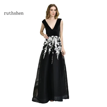 Черна рокля за абитуриентски бал с дълбоко V-образно деколте и бяла дантела аппликацией, секси вечерна рокля De Soiree, дълги дамски рокли за партита