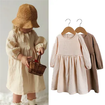 Есенно-пролетно детски дрехи от органичен памук, двойно газ свободно рокля за малки момичета, модерни ежедневни рокли принцеса в корейски стил за деца