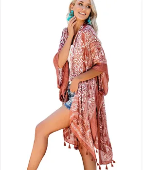 TEELYNN, дълга блуза с етнически цветисти принтом, бохо, плажна бикини, женски халат, туника с ресни, лятна жилетка, кимона за плуване, наметало
