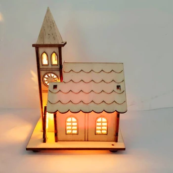 Коледен дървена къща с подсветка, led светлини, селски светещ хижа, Коледна елха, висящи украшения, централна част на бюрото