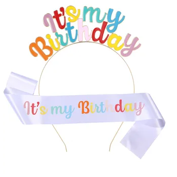 Превръзка на главата честит рожден Ден, It ' s my Birthday, копринен сатен, колан, детски шапки за снимки, детски бижута честит рожден Ден, шапки