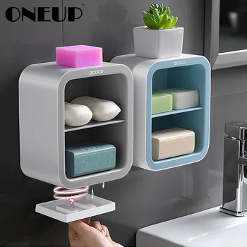 ONEUP двоен държач за сапун с сливным кутия Преносими сапун ястия за банята, с монтиран на стената рафтове за съхранение на домашни аксесоари за баня
