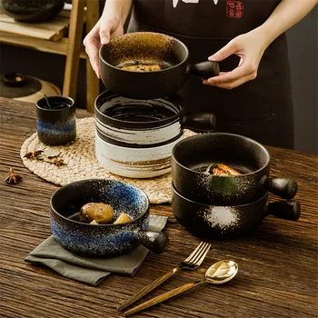 Керамична тава за печене в японски стил с дръжка, лесна креативна чиния за салата и десерт в ретро стил, Домашна купа за юфка Ramen, посуда