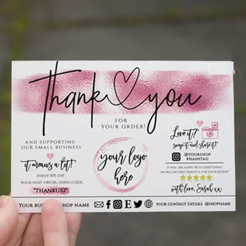 Персонални визитка с логото, Розово-златна визитна картичка с благодарност, Благодарим за Вашата поръчка, въведете потребителска текстова социална карта