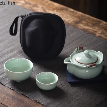 Преносим Пътен Чай Комплект Керамични Чай Кунг-Фу Оборудване За Приготвяне На Чай Чаена Чаша Комплекти За Чай Прибори Едно Гърне С Две Чаши Чай Аксесоари