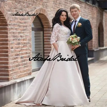 Жена сватбена рокля цвят шампанско с аппликацией на ръкава от три четвърти, дантелено сватбена рокля, дрехи големи размери, сватбената рокля De Noiva