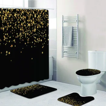 Модерен Комплект завеси за душ и подложка за вана с пайети под формата на черни златни падащи звезди и абстрактни блестящи постелки за баня, празнична декорация за дома