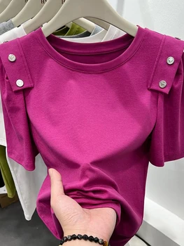 Дамски памучен суитчър на копчета, однотонная ежедневни модни дамски блуза, новост 2023 г., памучен лятна тениска с кръгло деколте и червена роза за жени