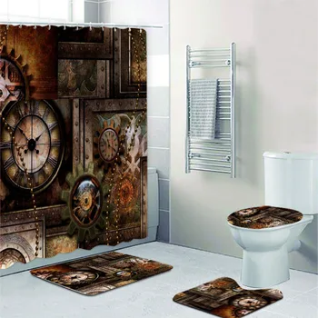 3D Реколта часовници и шестеренки в стил steampunk, набор от завеси за душ в банята, готически промишлени изтривалки за баня, постелки за тоалетни принадлежности