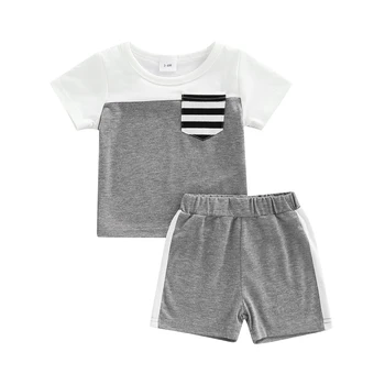 Летни Дрехи за малки момчета, тениска в лента в контрастен цвят с къс ръкав, потници и ежедневни спортни къси панталони, комплект