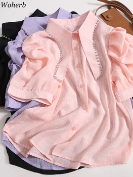 Woherb Однотонная Реколта Блуза за Жените 2023 Blusas Mujer De Moda, широки Ризи с Пищни Ръкави, Отложной Яка, Върхове с Диаманти, Женски