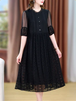 Лятото Черна Рокля Миди с отворен Гръб с бродерия, Елегантен Шик Дамски рокли, Промоция 2023, корейското винтажное вечерна рокля Хепбърн