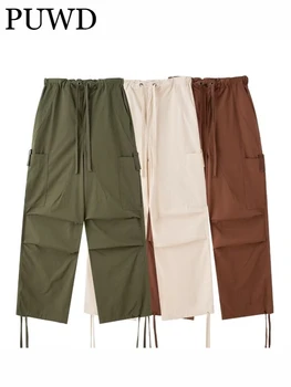 PUWD, ежедневни дамски зелени широки панталони-карго с завязками, 2023, летни модни женски с джобове, обикновен женски управление, шикозни