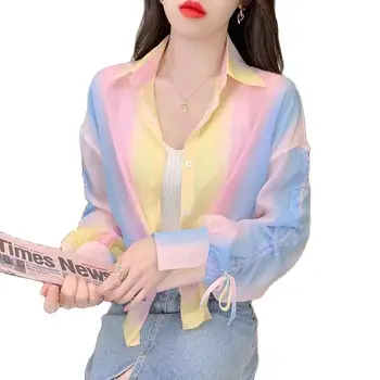 Дъгова солнцезащитная дрехи, дамски нова лятна тънка риза с дълги ръкави, модерен коприна слънцезащитен жилетка Lce на съвсем малък в западен стил