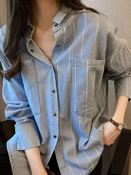 Модни базова однобортная риза на райета, дамски дрехи, ежедневни блузи копчета с джобове M-4xl, универсален топ с неправилна форма
