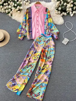 Дамски модни луксозна риза с принтом под формата на верига, топ + панталони пълна дължина, есенна блуза в контрастен цвят, с дълъг ръкав и копчета, комплект от 2 теми
