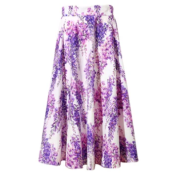 Направен по поръчка Дамски летни модни ежедневни поли на големия размер в ретро стил винтидж с лилави цветя принтом, Макси, дълги памучни поли трапецовидна форма