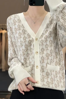 Женска тениска, пролетно-лятна нова женска тениска с V-образно деколте и дълги ръкави, вязаный топ, модно палто с чертеж